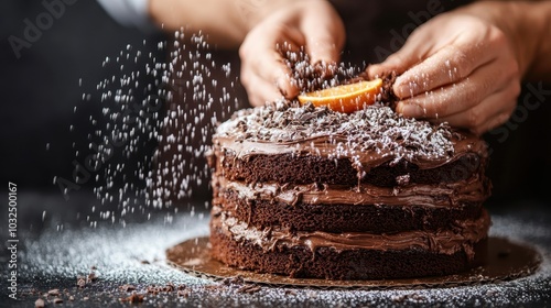 Hands artfully adding an orange garnish atop a multi-layered chocolate cake dusted with icing sugar, creating a blend of citrus and cocoa perfection.
