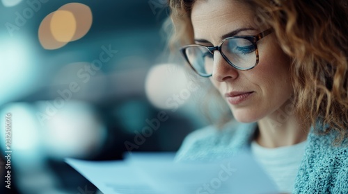 A focused woman in glasses carefully reads a document, capturing a moment of concentration and thought in a quiet and intellectually stimulating environment. photo