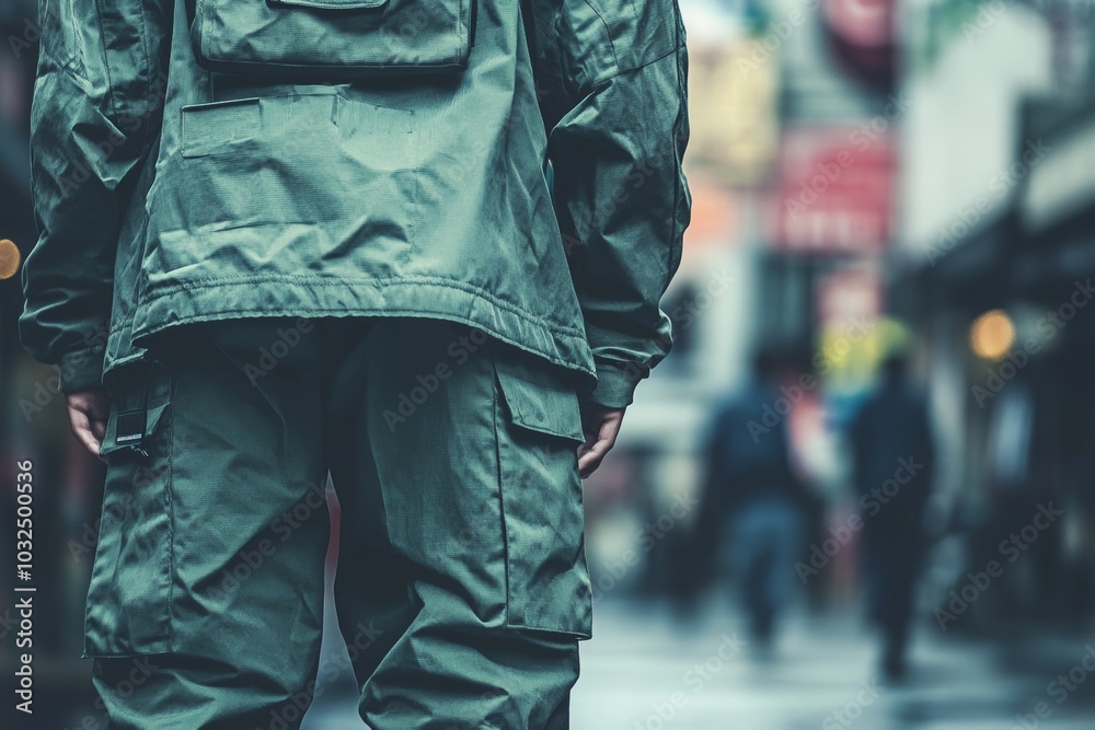 Obraz premium A person wearing a green jacket and pants stands in a city street with a blurred background.