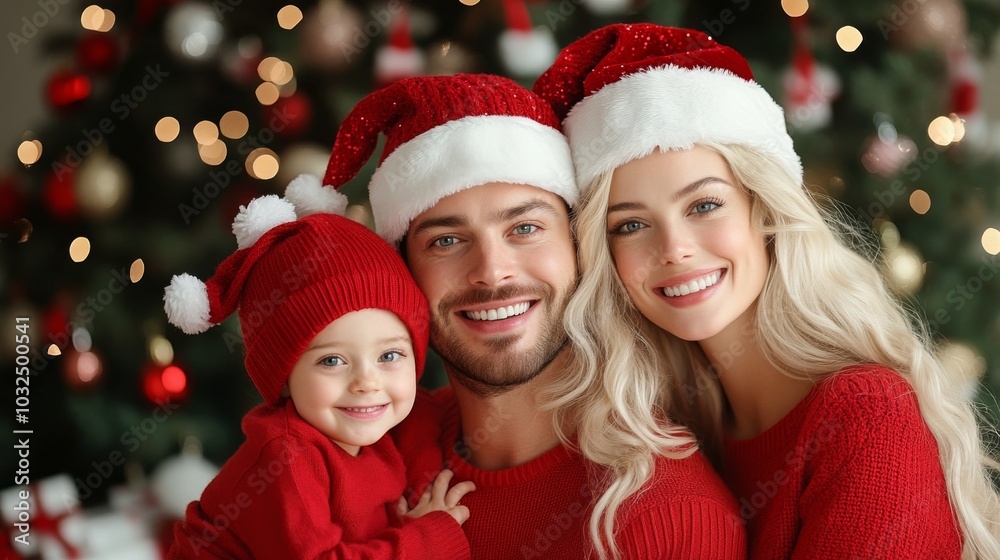 Joyful family celebrating Christmas in festive attire Joyful family celebrating Christmas in festive attire