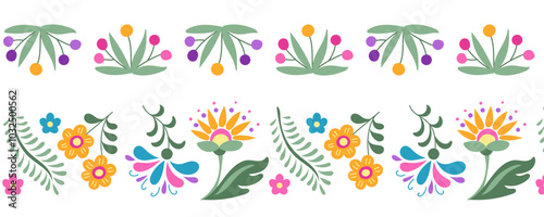 Two floral seamless borders in Mexican folk style. Botanical flat illustrations in Latin American traditional style isolated on white background for day of the dead holiday de Cinco de Mayo