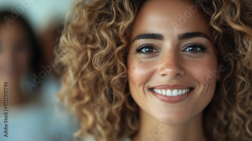 A cheerful portrait of a woman with curly hair, radiating happiness and confidence, set against a bright and uplifting background, evoking warmth and positivity.