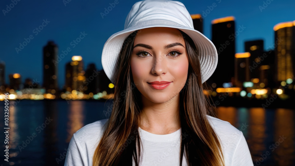 Woman wearing white t-shirt and white bucket hat standing on cityscape at night background Woman wearing white t-shirt and white bucket hat standing on cityscape at night background