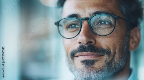 A thoughtful man wearing glasses is depicted in a serene setting with a reflective expression, hinting at introspection and intellectual pursuits.