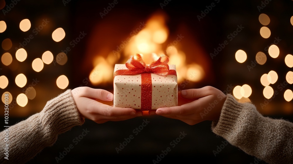 Warm holiday gift exchange by the fireplace Warm holiday gift exchange by the fireplace