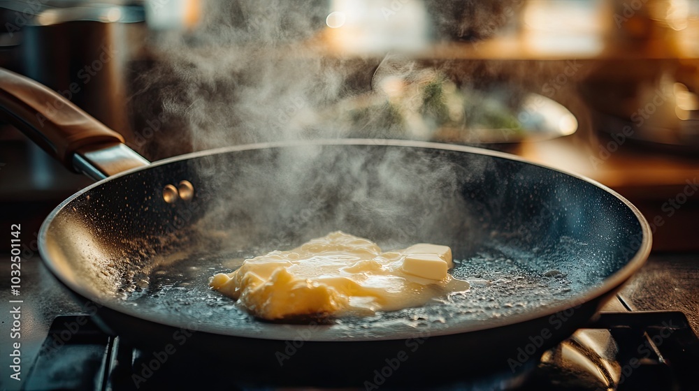 A frying pan with butter melting and sizzling, setting the stage for a delicious meal to be prepared. A frying pan with butter melting and sizzling, setting the stage for a delicious meal to be prepared.