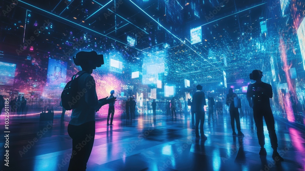 A futuristic exhibit hall filled with visitors using virtual reality to explore digital art and simulations. A futuristic exhibit hall filled with visitors using virtual reality to explore digital art and simulations.