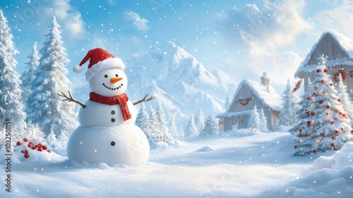 Cheerful snowman in a winter wonderland setting photo