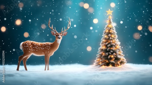 Enchanting winter scene with a deer and a Christmas tree