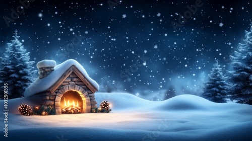 Cozy winter scene with a fireplace in a snowy landscape