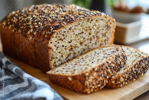 Freshly baked multigrain bread loaf with slices on a wooden board, topped with seeds for a healthy breakfast option.