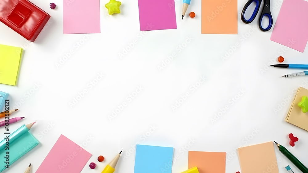 Notes have colorful covers with various supplies arranged neatly around them on a plain white surface. Notes have colorful covers with various supplies arranged neatly around them on a plain white surface.