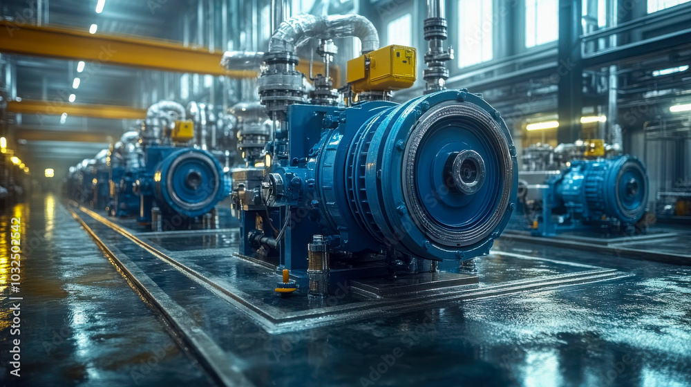 Fototapeta premium Close-up of a high-efficiency industrial pump in a modern factory setting, featuring precision engineering and advanced technology