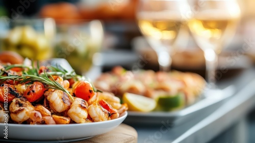 A vibrant seafood platter showcases assorted gourmet offerings topped with shrimp and garnishes, capturing the essence of a fresh, luxurious dining experience. photo