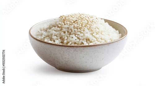 A perfectly plated bowl of rice, adorned with sesame seeds, sitting on a pristine white background ready for a culinary shoot.