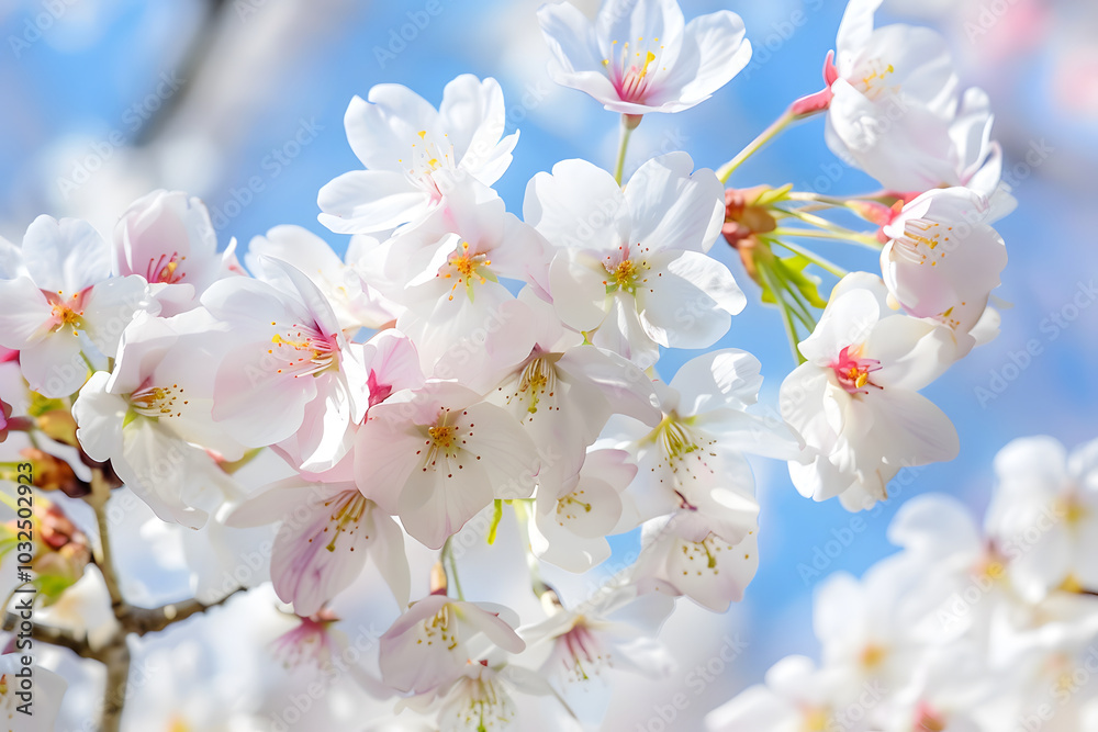 Freshly bloomed cherry blossoms create stunning display against bright blue sky, evoking feelings of joy and renewal. delicate petals and vibrant colors enhance beauty of spring Freshly bloomed cherry blossoms create stunning display against bright blue sky, evoking feelings of joy and renewal. delicate petals and vibrant colors enhance beauty of spring