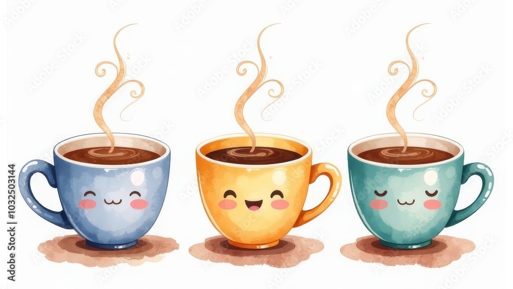 Three cups of coffee with cartoon faces on them. The cups are smiling and have steam coming out of them Three cups of coffee with cartoon faces on them. The cups are smiling and have steam coming out of them