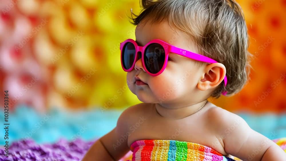 A baby girl wearing pink sunglasses looks off to the side, sitting on a rainbow-colored blanket A baby girl wearing pink sunglasses looks off to the side, sitting on a rainbow-colored blanket