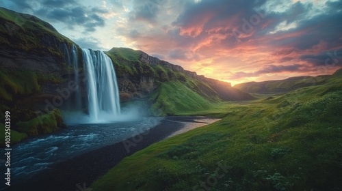 A serene waterfall cascading amidst lush green hills under a colorful sunset sky.