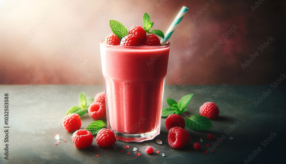 Refreshing Raspberry Smoothie With Fresh Mint and Straw. Generated AI