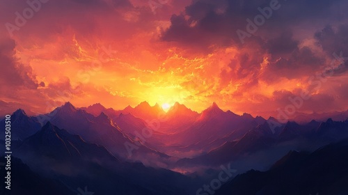 Stunning sunset over mountains, sky painted in warm hues with peaks silhouetted against the light creating a captivating and peaceful scene