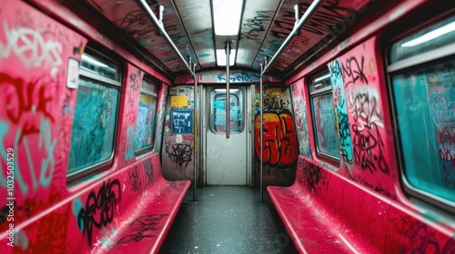 A gritty subway car interior completely covered in vibrant graffiti, depicting urban street culture's chaotic energy and artistic freedom, with red seats enhancing contrast.