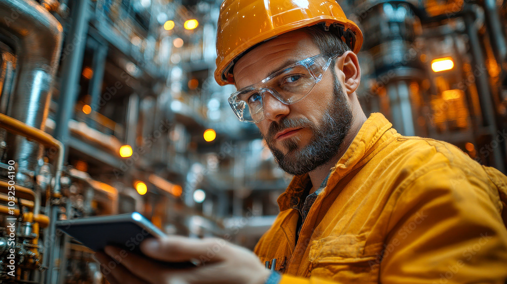 Smiling refinery worker in safety gear using a tablet in an industrial facility, with complex pipelines in the background Smiling refinery worker in safety gear using a tablet in an industrial facility, with complex pipelines in the background