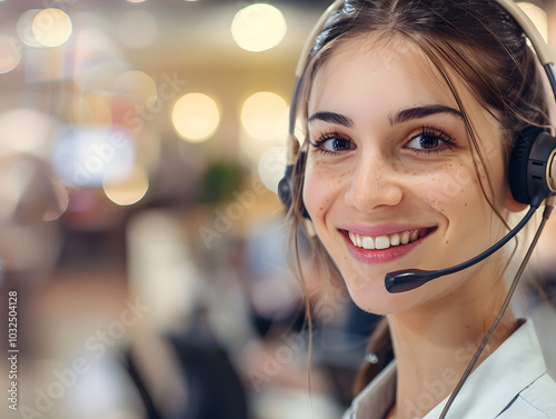 Happy call center representative with headset, smiling warmly at camera, creating friendly and approachable atmosphere in busy office environment