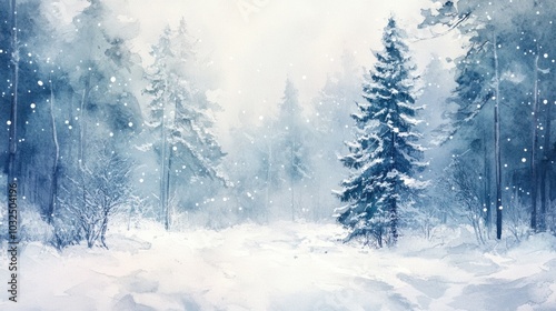 Wallpaper Mural Watercolor snowy forest scene, trees glistening with fresh snow, tranquil festive winter ambiance. Torontodigital.ca