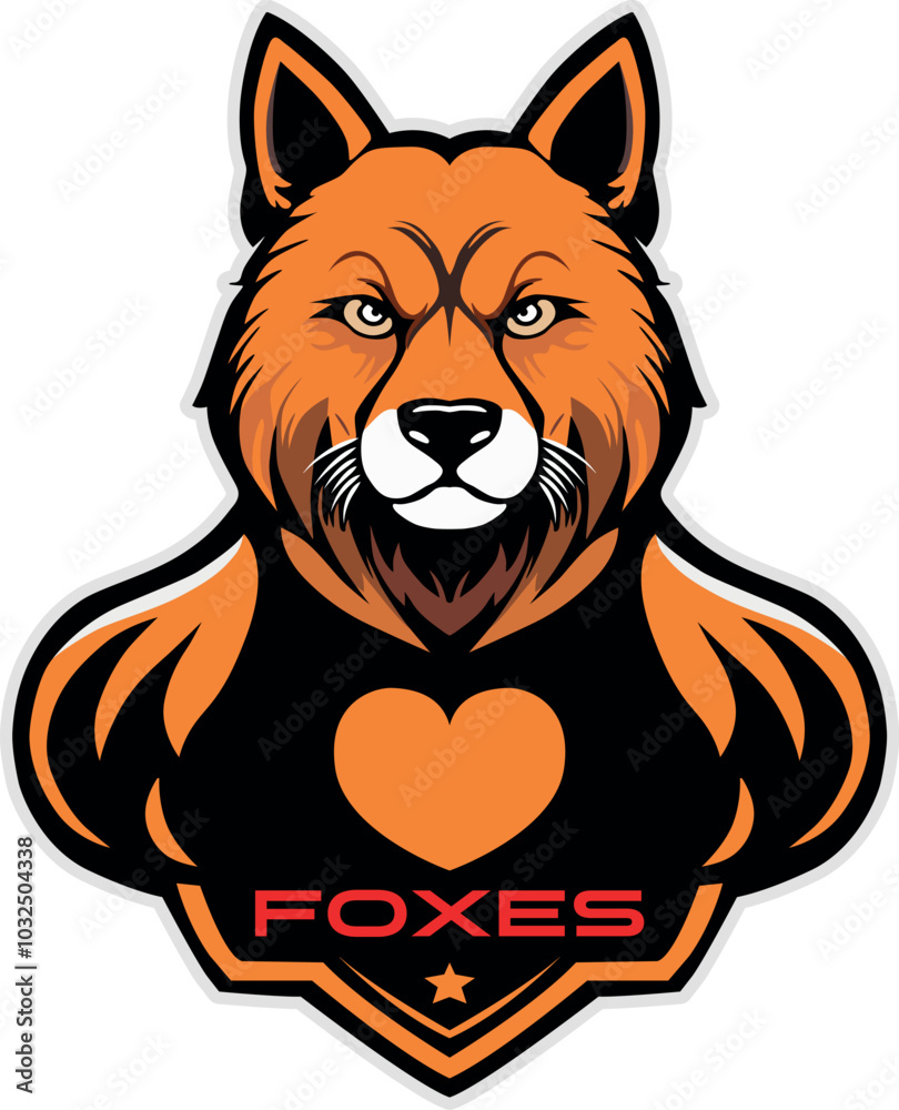 A stylized illustration of a fox's head with a muscular body, featuring orange fur and a black outline, with bold eyes and a fierce expression. The design includes the word A stylized illustration of a fox's head with a muscular body, featuring orange fur and a black outline, with bold eyes and a fierce expression. The design includes the word