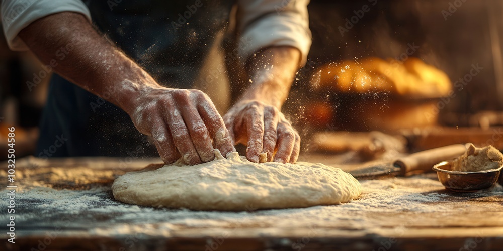 Hands kneading dough on a floured surface in a cozy kitchen setting, capturing the essence of traditional bread making and baking art. Hands kneading dough on a floured surface in a cozy kitchen setting, capturing the essence of traditional bread making and baking art.