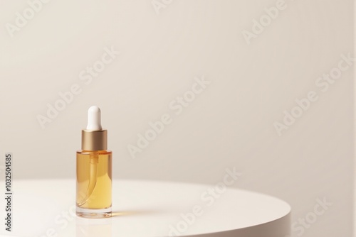 A bottle of facial serum on a clean design background with a sleek look