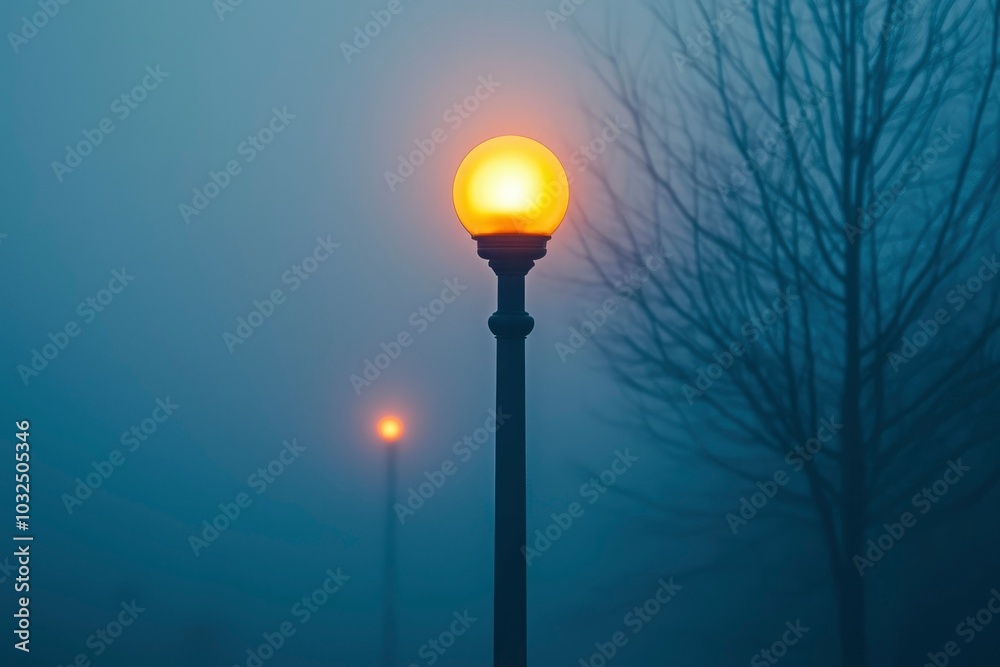 A Single Street Light Illuminates a Foggy Evening A Single Street Light Illuminates a Foggy Evening