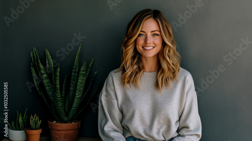 A candid photo of an attractive woman in her mid-30s with blonde hair, wearing comfortable sweatshirt. photo