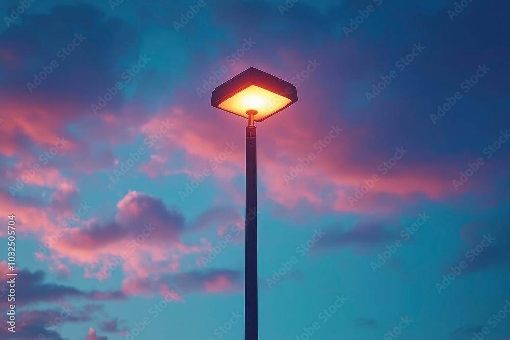 Illuminated Street Light Against a Twilight Sky with Pink Clouds Illuminated Street Light Against a Twilight Sky with Pink Clouds