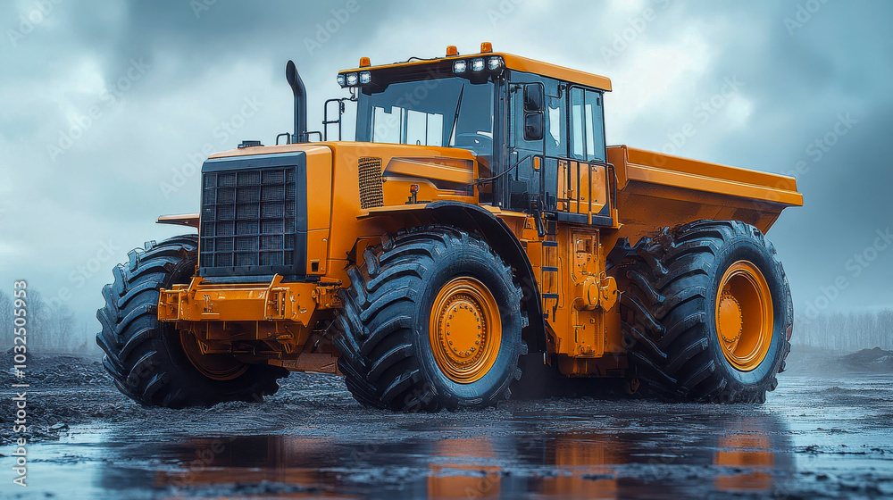Large yellow dump truck on a wet construction site, showcasing heavy machinery used for industrial projects and rugged terrain Large yellow dump truck on a wet construction site, showcasing heavy machinery used for industrial projects and rugged terrain