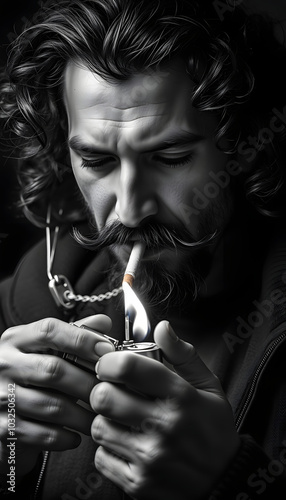 Drug addicted man with mustache and curly long hair using lighter to light up cannabis cigarette in black and white with dark tone style, substance abuse, bad habit and addiction concept isolated wi photo