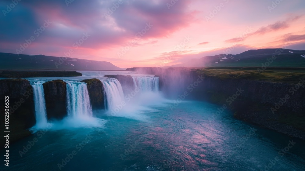 Fototapeta premium A serene waterfall cascading into a tranquil river, illuminated by a colorful sunset.