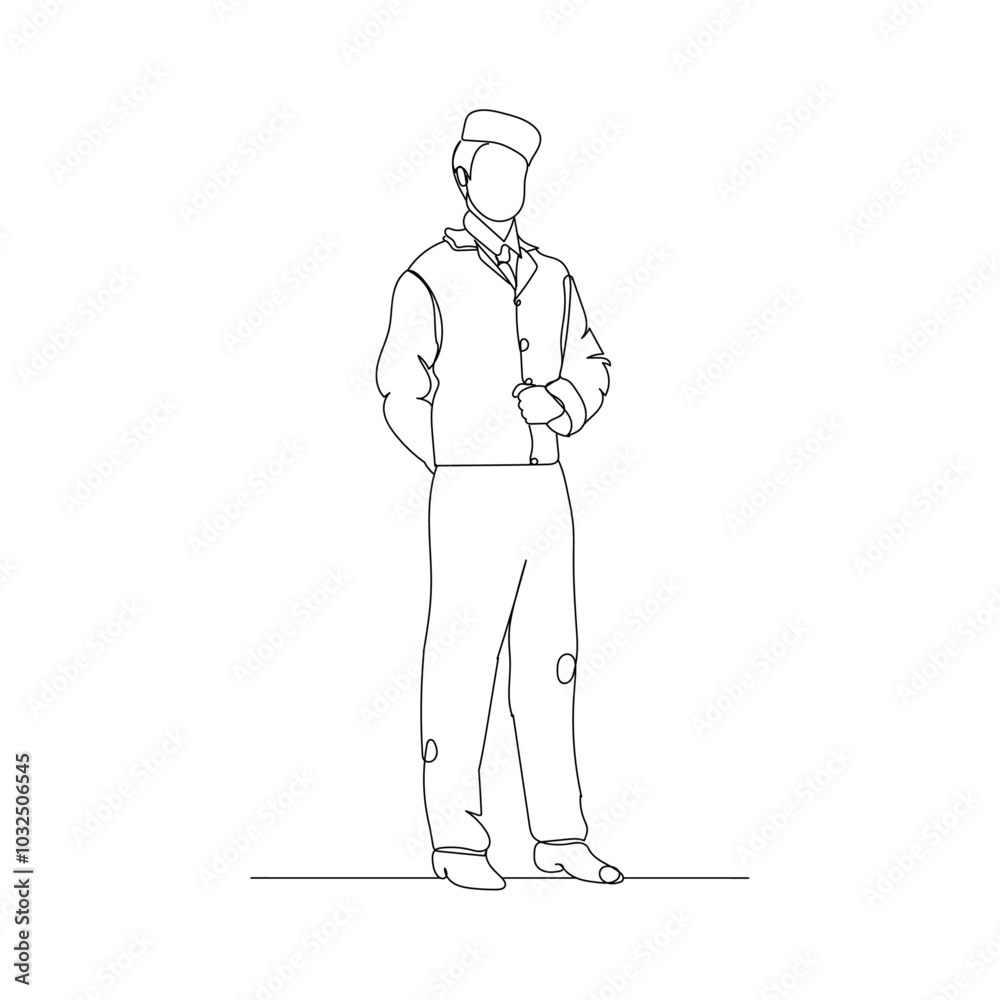 dessin en ligne continue d'un groom, employé d'hôtel, line art, vecteur