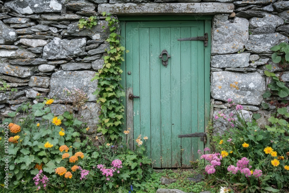 Weathered Green Door Framed by Stone Wall and Flowers Weathered Green Door Framed by Stone Wall and Flowers
