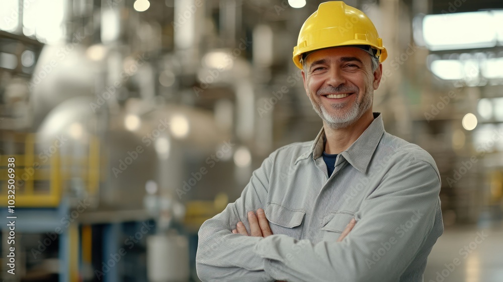 A smiling industrial worker wearing a hard hat and work clothes stands confidently with his arms crossed, in a factory setting. A smiling industrial worker wearing a hard hat and work clothes stands confidently with his arms crossed, in a factory setting.