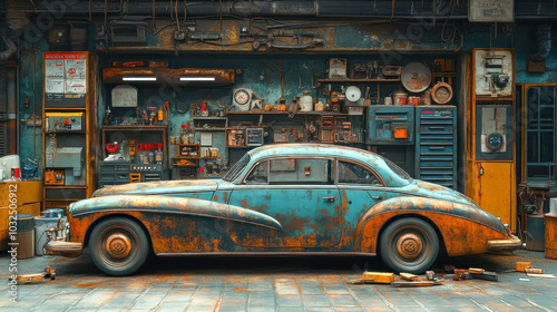 A vintage car with a weathered exterior parked in a cluttered, rustic auto repair garage, surrounded by tools and equipment