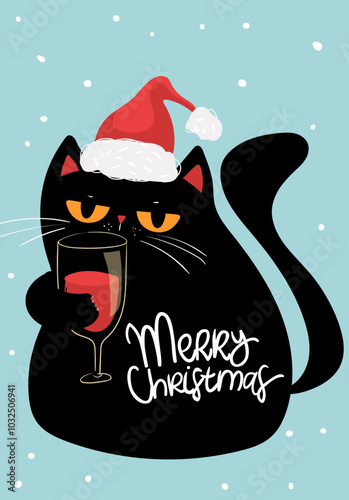 Black grumpy Cat in Santa hat drinking red Wine. Merry Christmas and Happy New Year. Vector illustration in flat style
