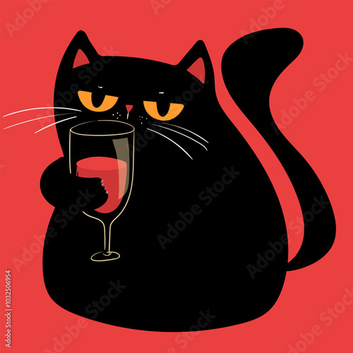 Black grumpy Cat drinking red Wine