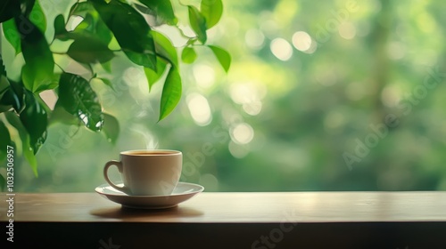 Morning Coffee with Green Foliage and Bokeh Background