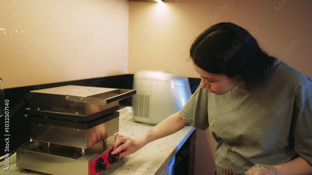 A woman bakes the dough in a waffle maker and transfers the waffle to bake the dough nicely. The scene focuses on healthy home cooking and neat kitchen work. A woman bakes the dough in a waffle maker and transfers the waffle to bake the dough nicely. The scene focuses on healthy home cooking and neat kitchen work.