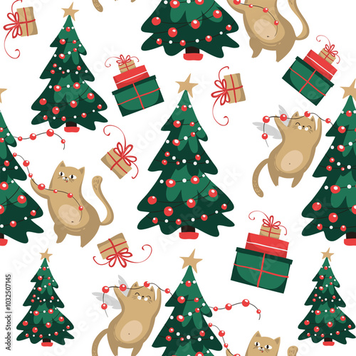 Cute ats decorate the Christmas tree with garlands. Christmas cat seamless pattern. Design suitable for banner, invitation, card, greeting, banner, cover, fabric, wrapping paper, wallpaper