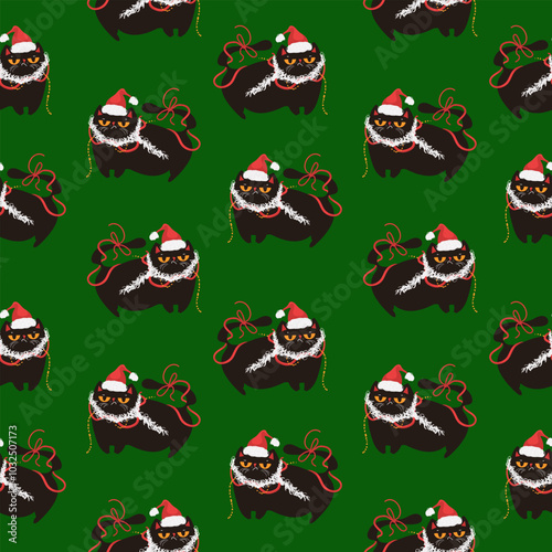 Seamless pattern with black cute cats in santa hats. Design suitable for banner, invitation, card, greeting, banner, cover, fabric, wrapping paper, wallpaper