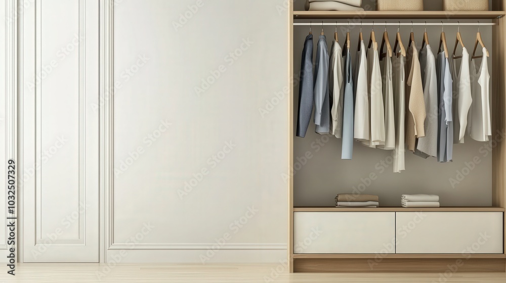 Minimalist Closet Interior Design with Clothes on Wooden Hangers