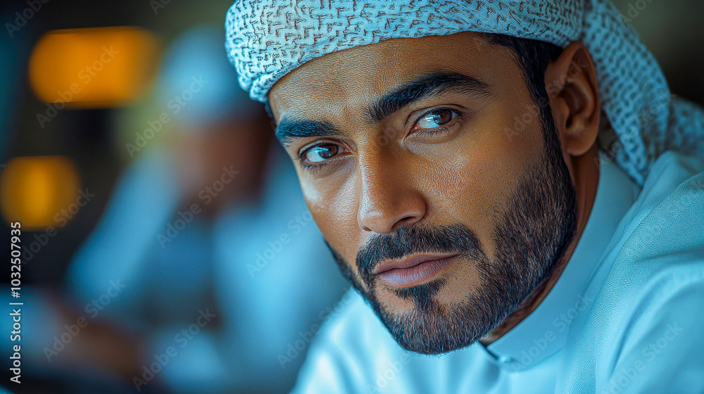 Close-up of a focused Arab businessman in traditional attire, looking intently at digital data displayed on a futuristic screen Close-up of a focused Arab businessman in traditional attire, looking intently at digital data displayed on a futuristic screen